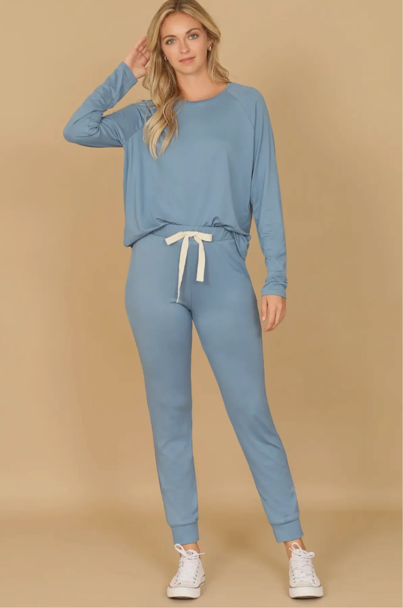 CNTBL Solid Long Sleeve Top and Joggers Set with Self Tie