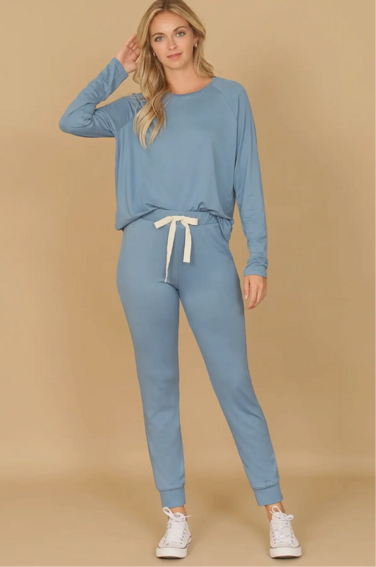 CNTBL Solid Long Sleeve Top and Joggers Set with Self Tie