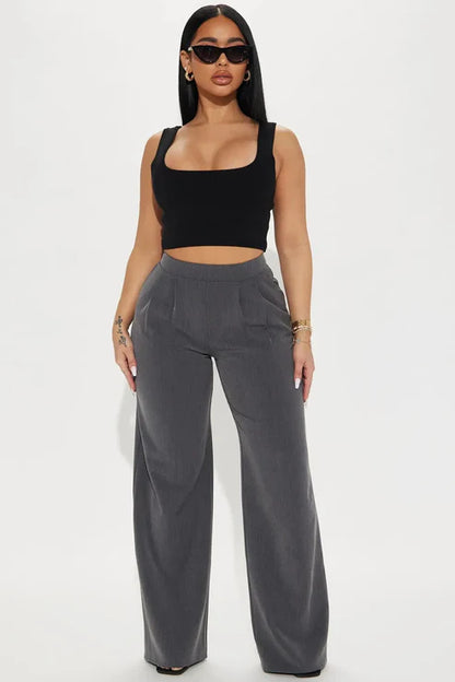 Charcoal High-Waisted Wide Leg Classic Trousers