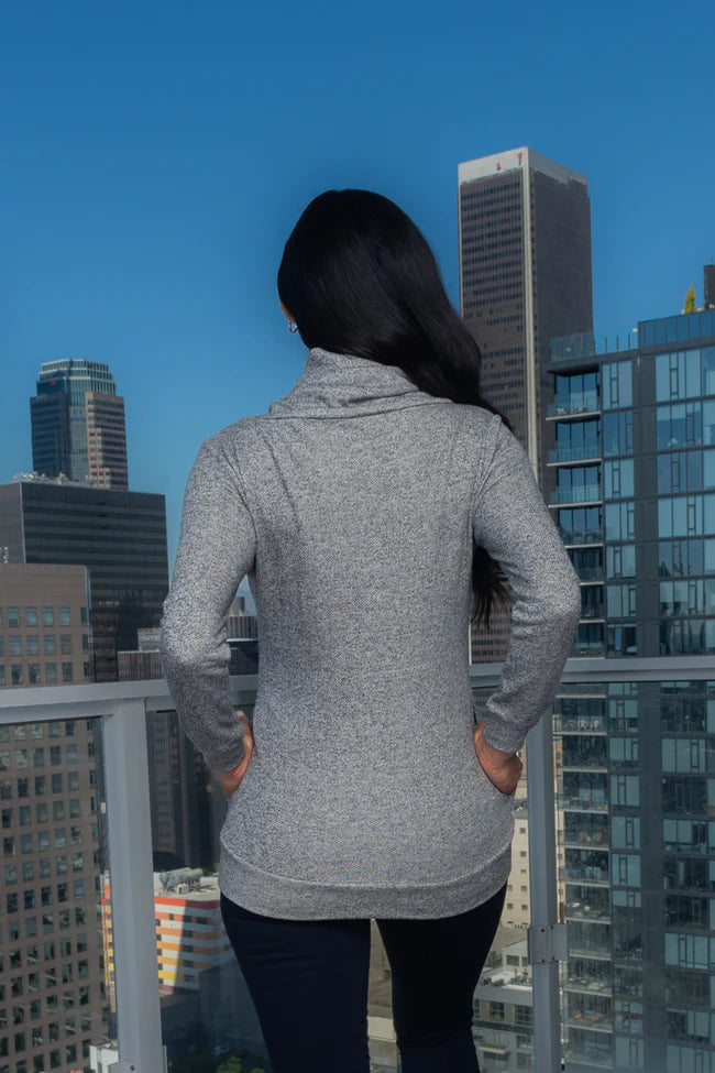 Cowl on Neck Long Sleeve Top w/5 Buttons on Neck and 2 Pockets