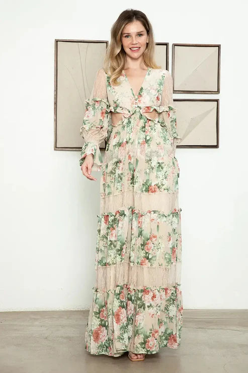Cut Out Floral Sheer Lace Detail Tiered Long Sleeve Front Button Maxi Dress