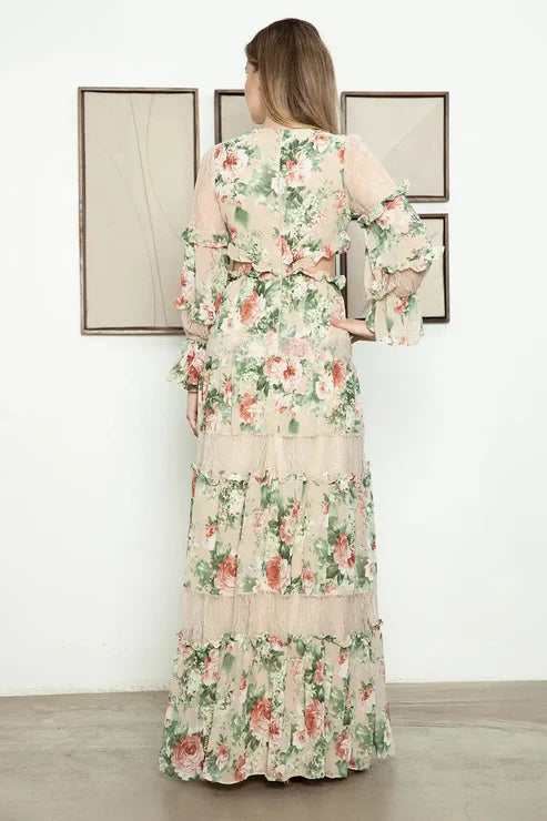Cut Out Floral Sheer Lace Detail Tiered Long Sleeve Front Button Maxi Dress
