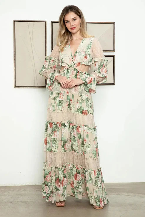 Cut Out Floral Sheer Lace Detail Tiered Long Sleeve Front Button Maxi Dress