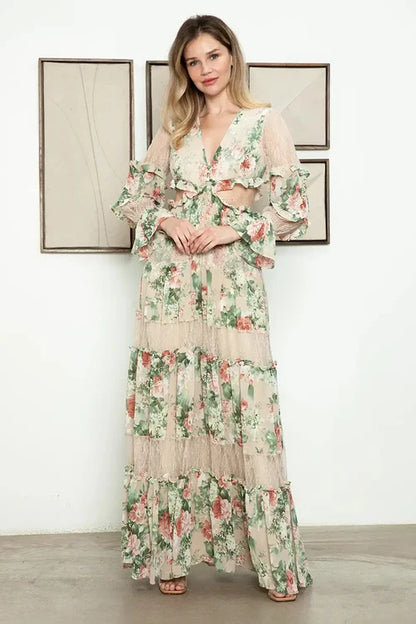 Cut Out Floral Sheer Lace Detail Tiered Long Sleeve Front Button Maxi Dress