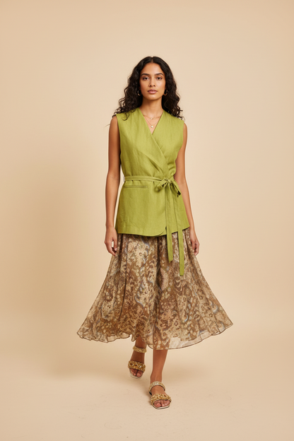 The Boho Linen Wrap Vest + Paisley Chiffon Skirt Set - Quiet Luxury 2pc