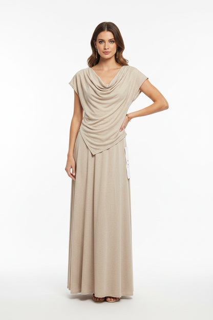 Draped Cowl Neck Dress With Scarf - Long Modest Dress