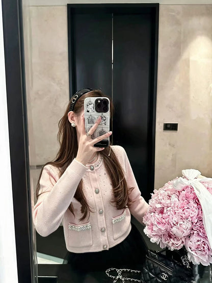 Rosé Pearl Cardigan - Luxury Beaded Knit Cardigan with Rhinestone &amp; Pearl Details
