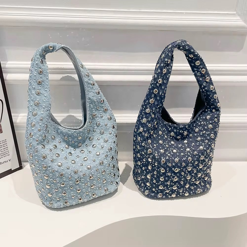 Denim commuting bucket bag