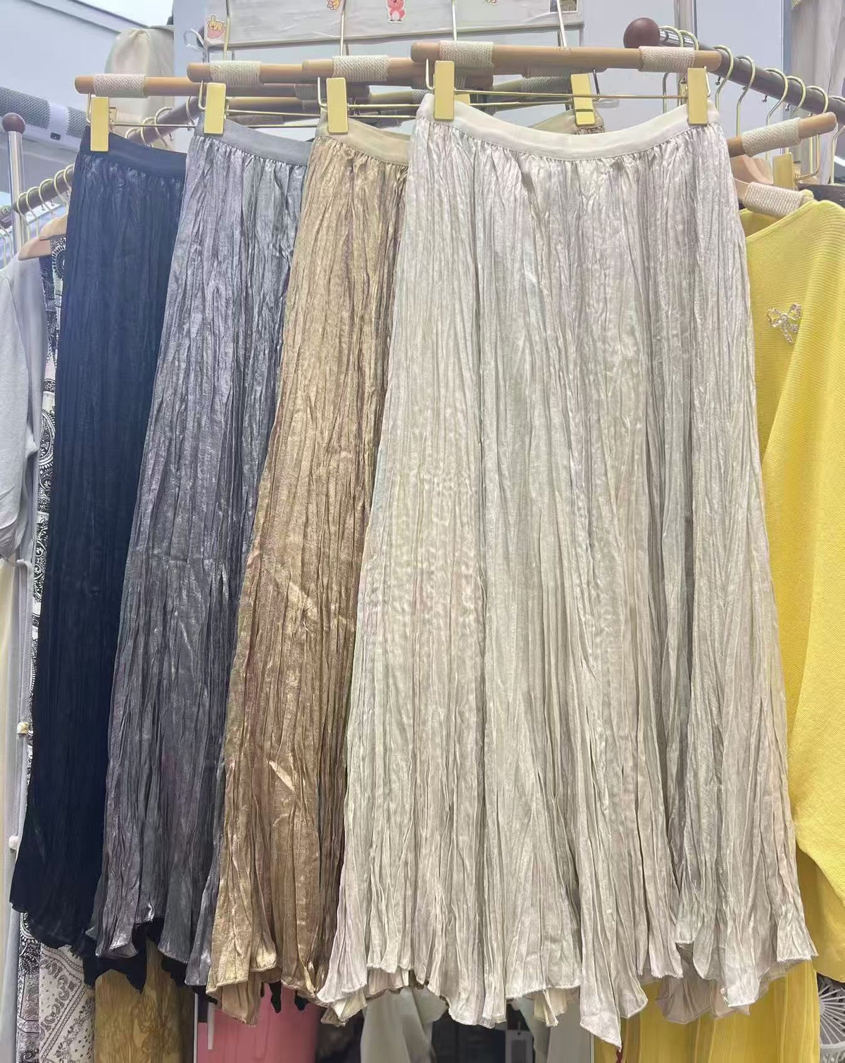 SHORT TITLE: Metallic Pleated Maxi Skirt