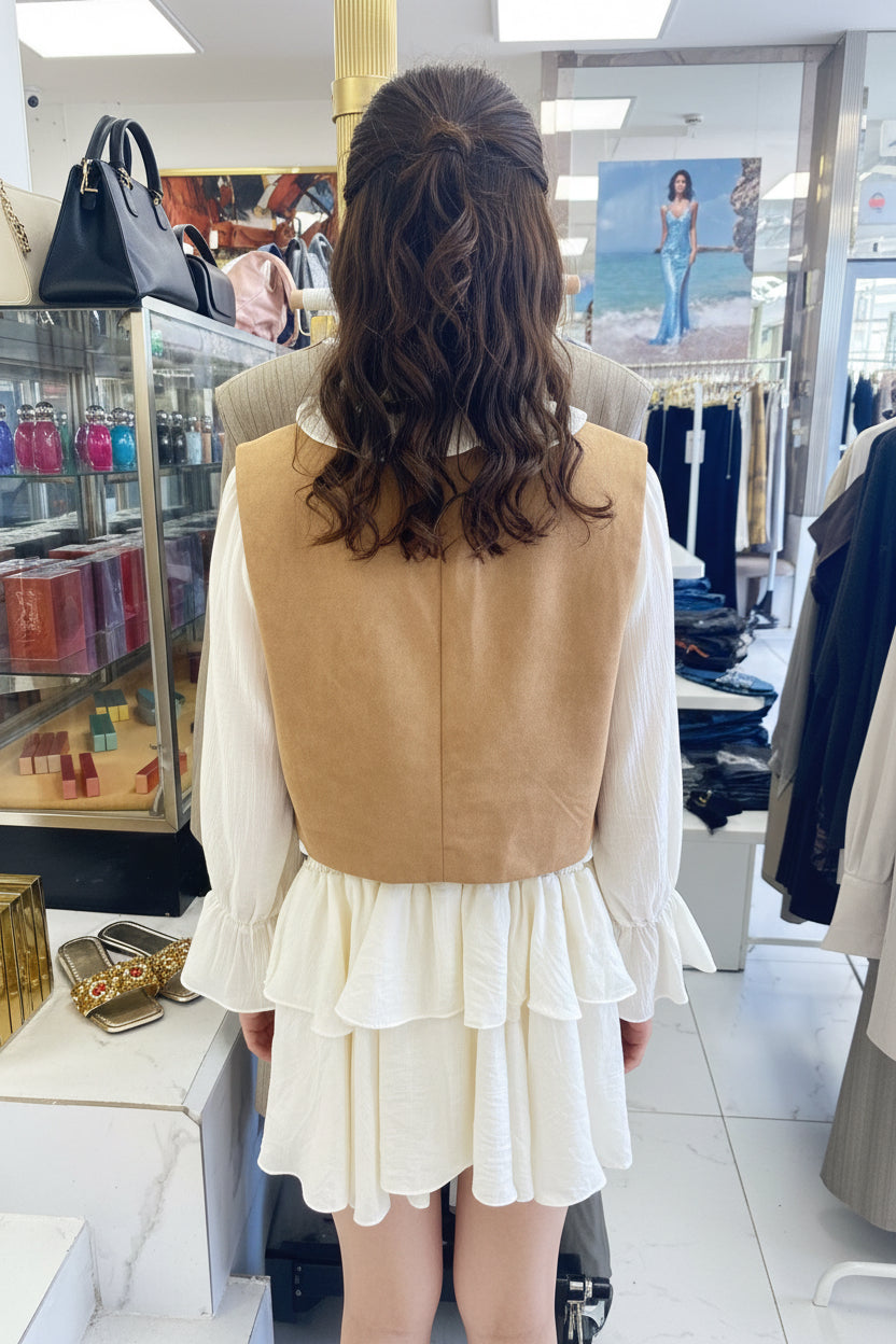 The Cream Ruffle Dress &amp; Camel Suede Vest Set
