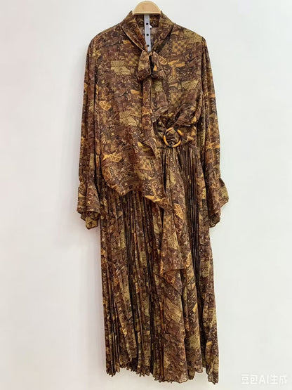 The Vintage Pleated Tie Dress - 2 Piece Look Set - Brown &amp; Green