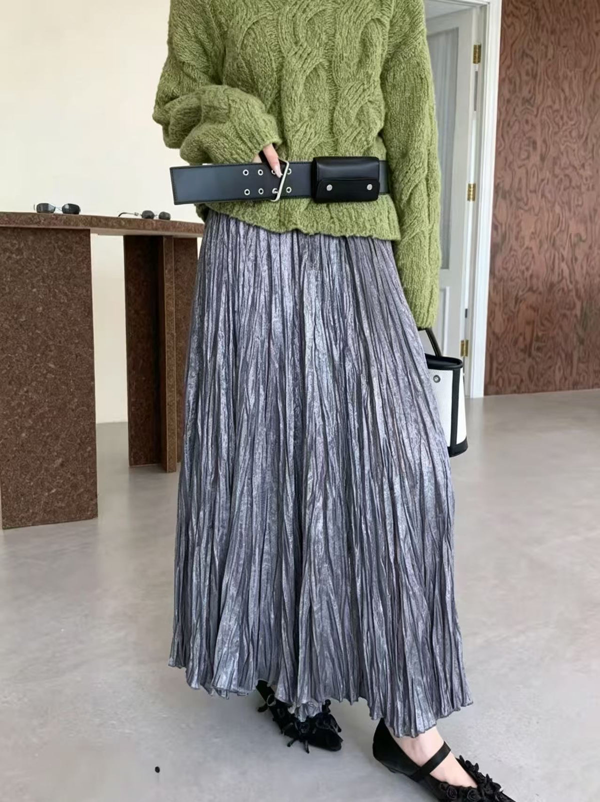 SHORT TITLE: Metallic Pleated Maxi Skirt