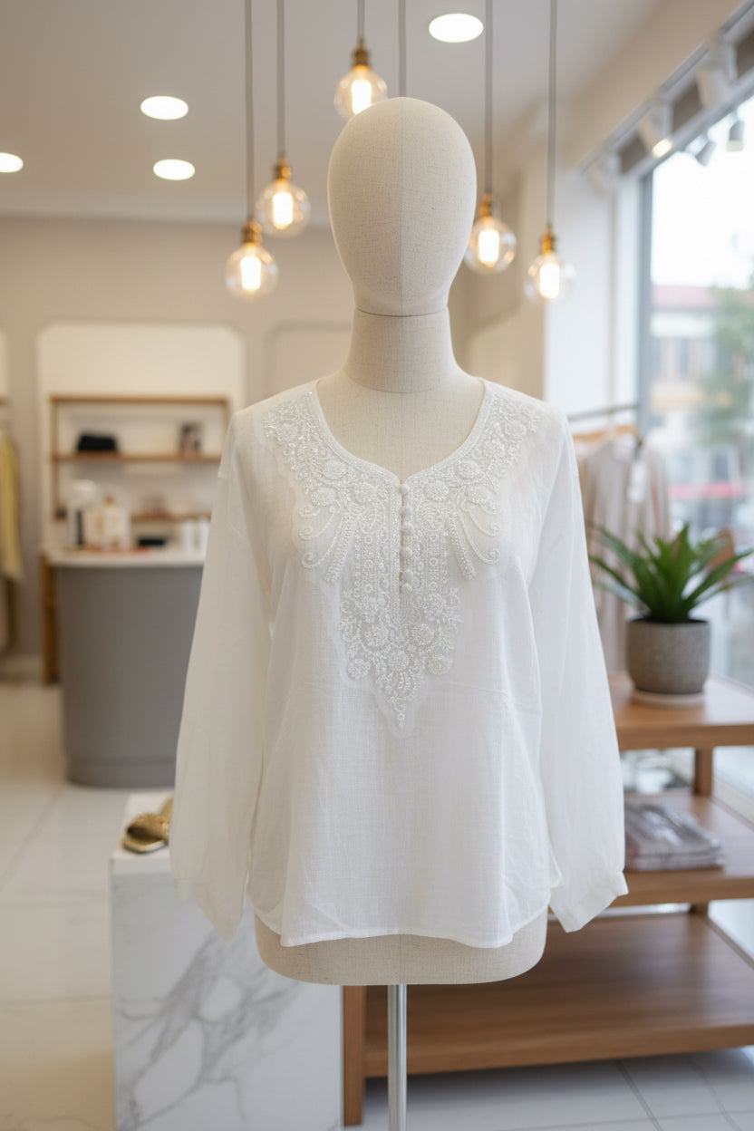 The Pearl Beaded Linen Tunic Top - Luxury Embellished Blouse