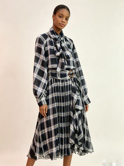 The Audrey Plaid Co-Ord Set - Bow Blouse &amp; Pleated Skirt