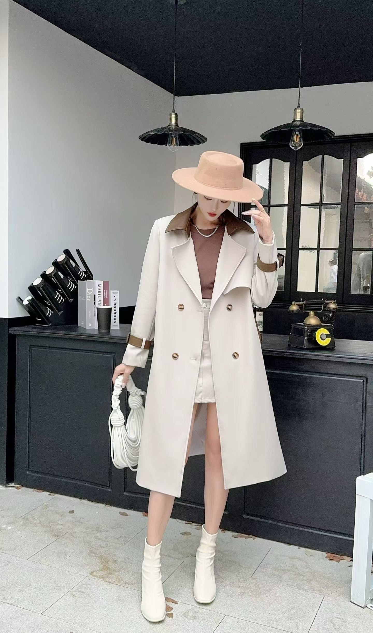 Contrast Collar Double-Breasted Long Trench Coat - With Belt