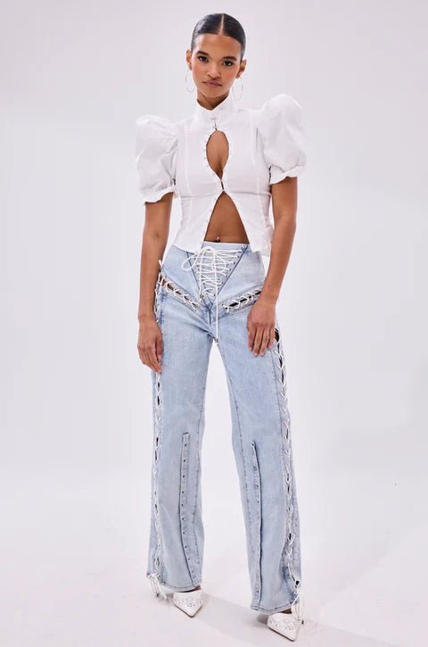 Feeling Blessed Lace Up Denim