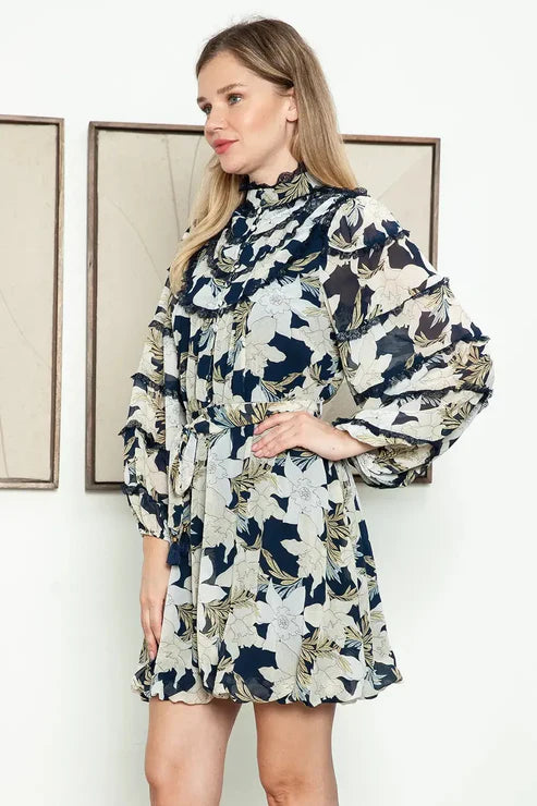 Floral High Ruffle Neck Belted Long Sleeve Mini Balloon Dress