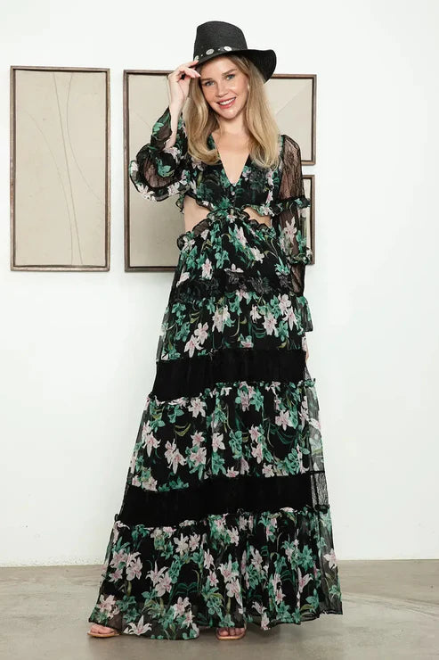 Floral Lace Panel Tiered Maxi Dress - Bohemian Cutout Ruffle Sleeve