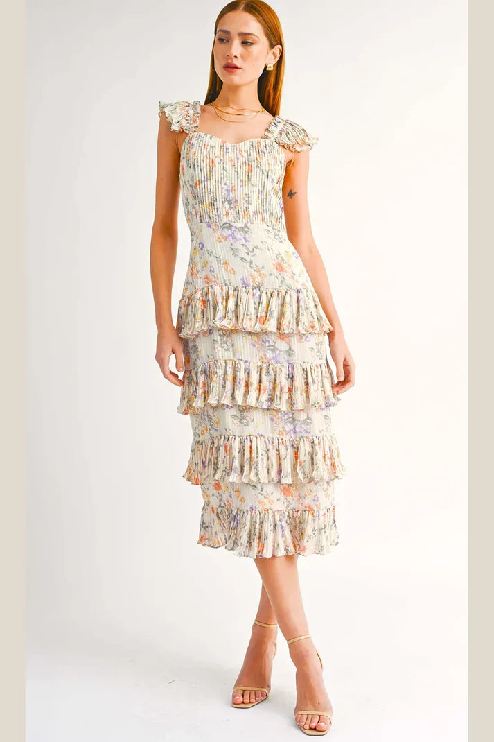 Floral Tiered Ruffle with Smocked Bodice and Flutter Sleeves Midi Dress