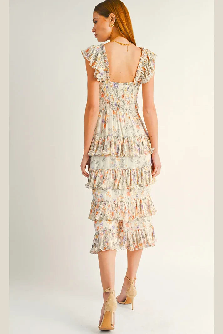 Floral Tiered Ruffle with Smocked Bodice and Flutter Sleeves Midi Dress