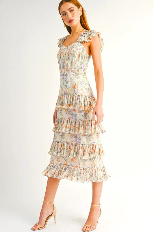 Floral Tiered Ruffle with Smocked Bodice and Flutter Sleeves Midi Dress