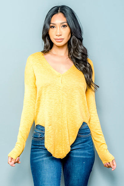 Heathered V Neck Button Down Top/Sweater with Tie Front Option