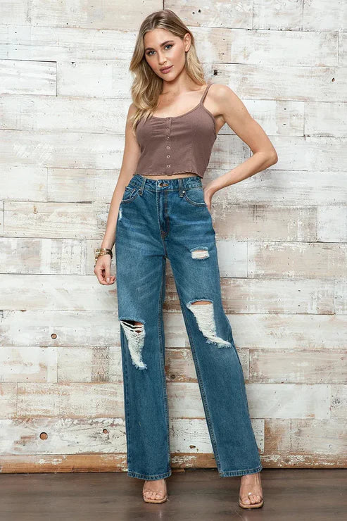 High Waisted Distressed Knee Ripped Wide Leg Denim Jeans