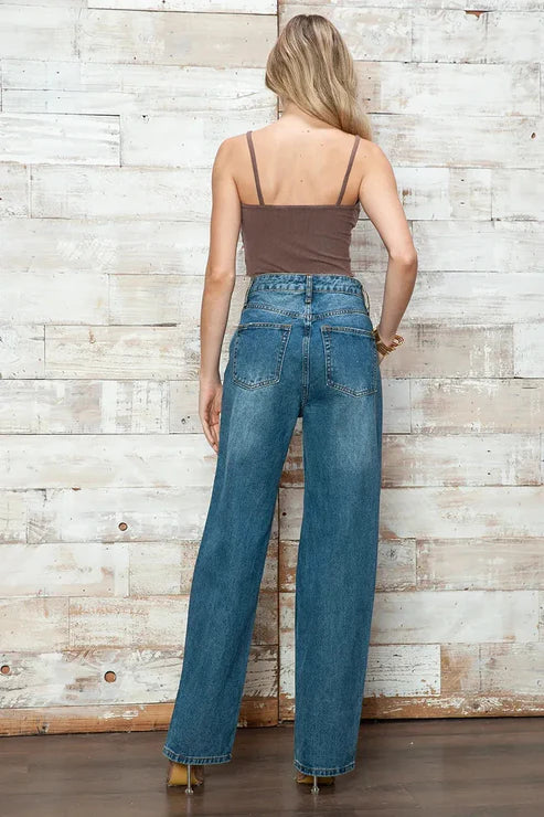 High Waisted Distressed Knee Ripped Wide Leg Denim Jeans