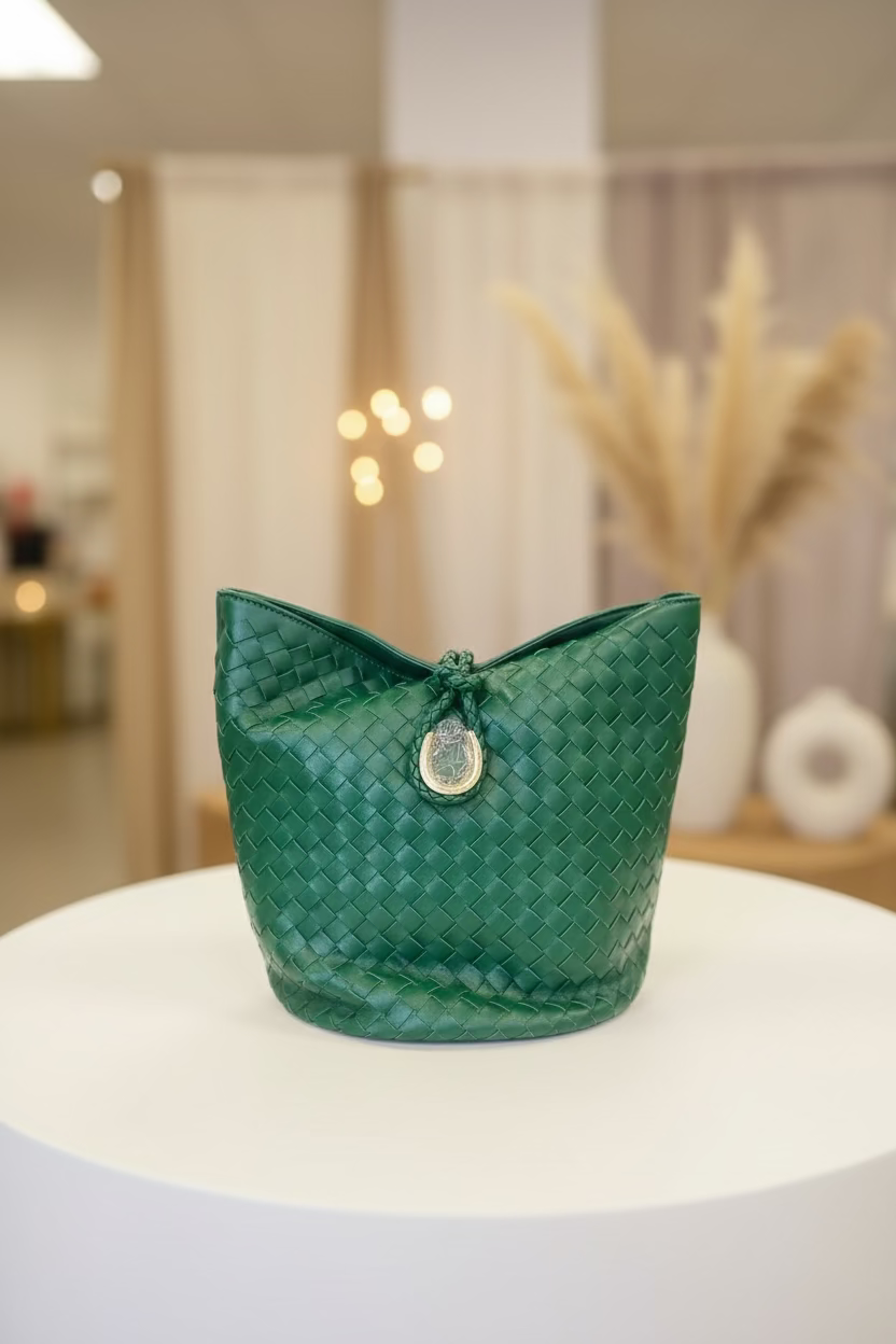 The Woven Luxe Bucket Bag - Emerald Green