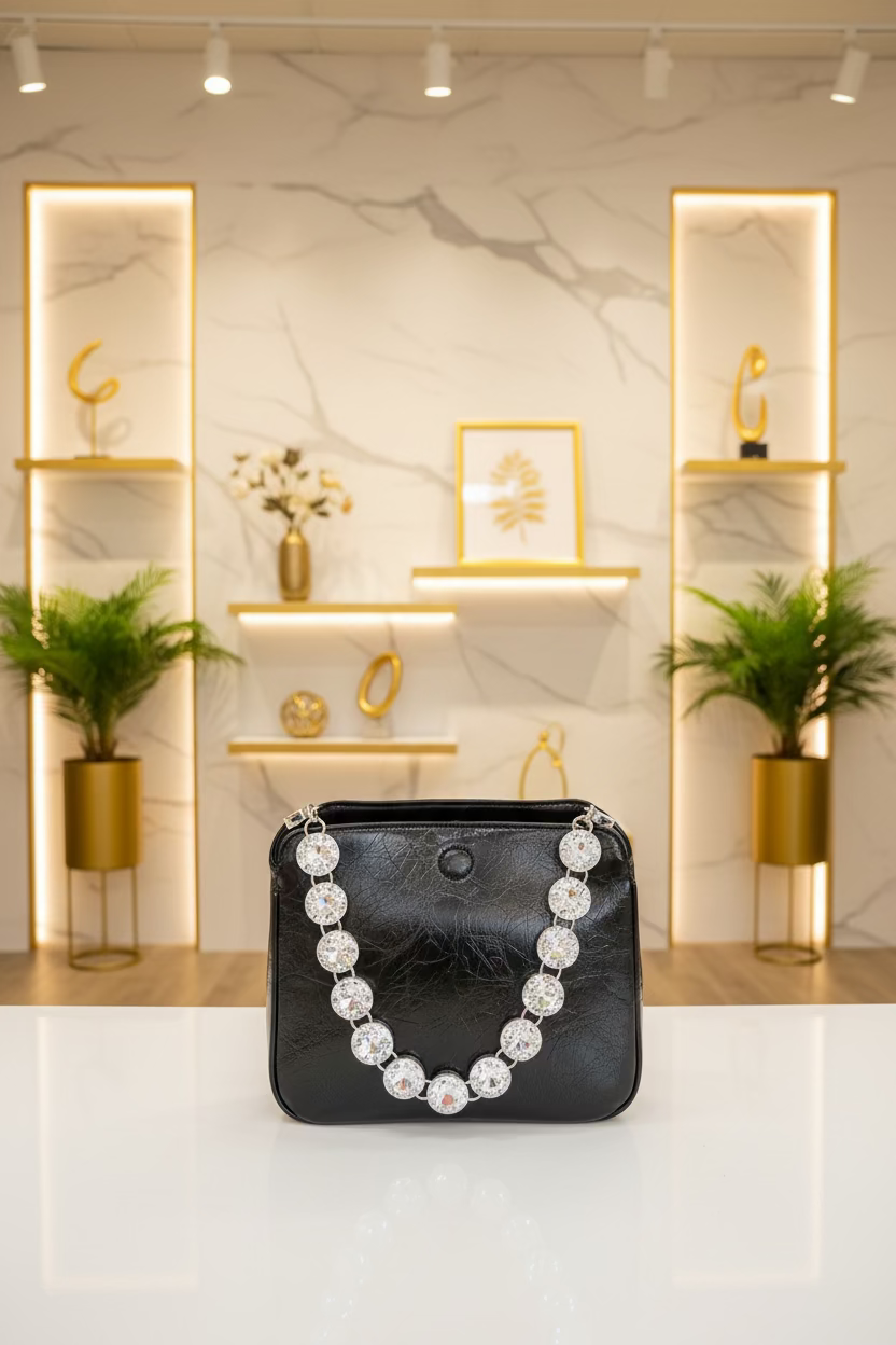 The Crystal Chain Shoulder Bag - Black Luxe