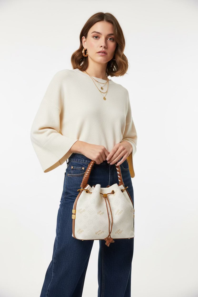 The Jani Tino Luxe Bucket Bag - White / Tan