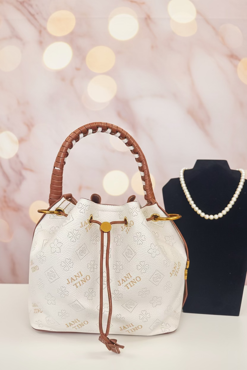 The Jani Tino Luxe Bucket Bag - White / Tan