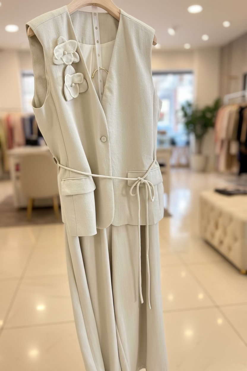 The Flora Linen Vest Pant Set - 3D Flower Old Money Set