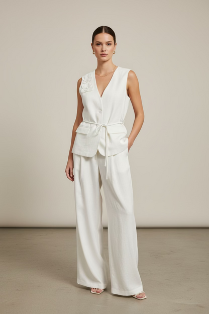 The Flora Linen Vest Pant Set - 3D Flower Old Money Set