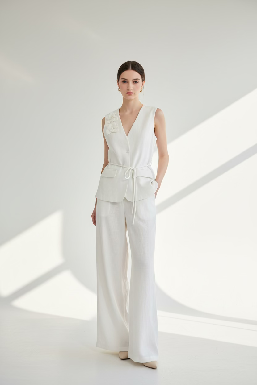 The Flora Linen Vest Pant Set - 3D Flower Old Money Set