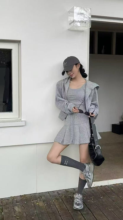The Coquette Athleisure Pleated Set - 3 Piece Hoodie + Tank + Skirt Set