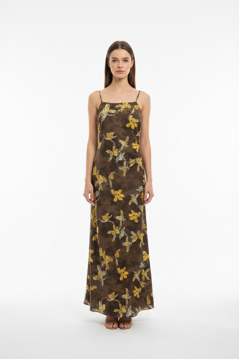 The Bloom Satin Slip Dress - Floral Draped Midi Dress - Resort Dress