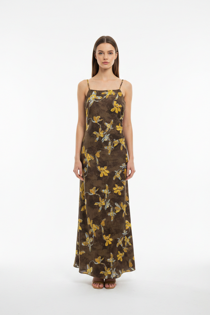The Bloom Satin Slip Dress - Floral Draped Midi Dress - Resort Dress