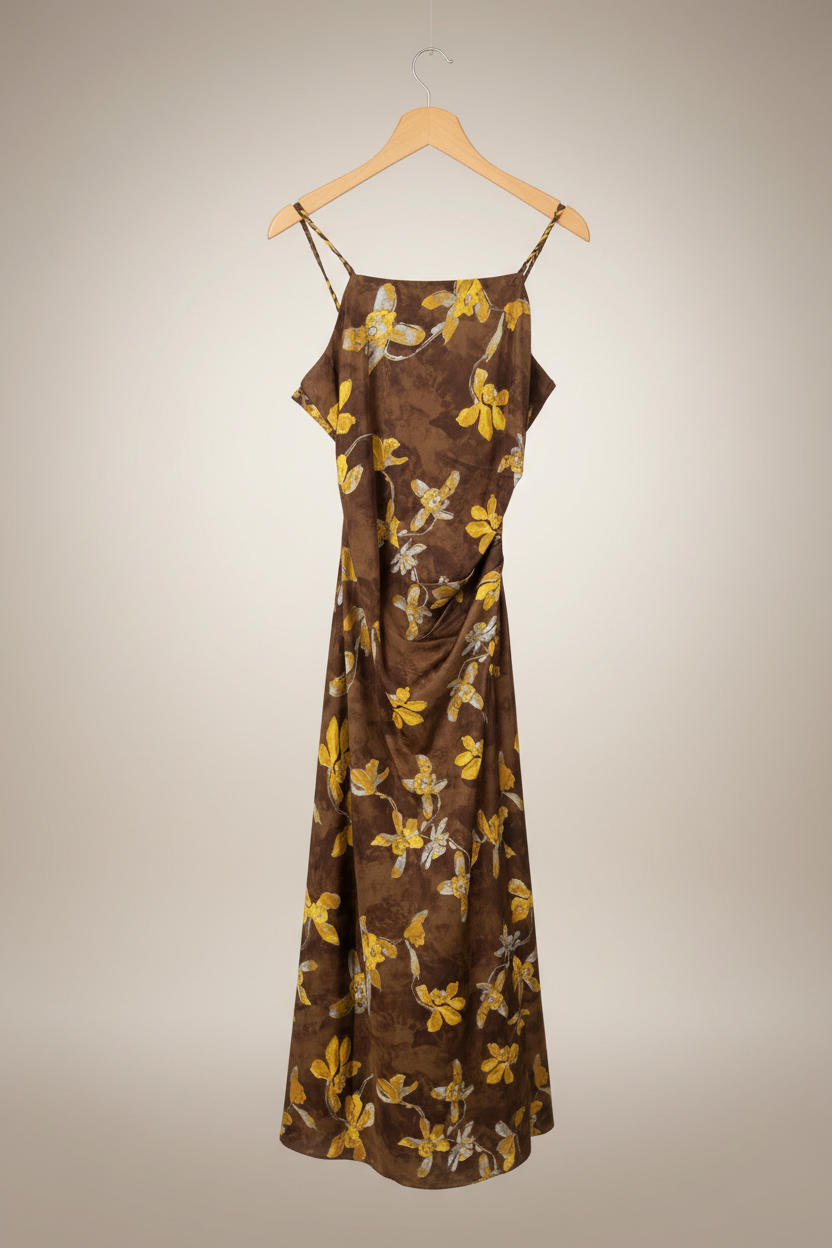 The Bloom Satin Slip Dress - Floral Draped Midi Dress - Resort Dress