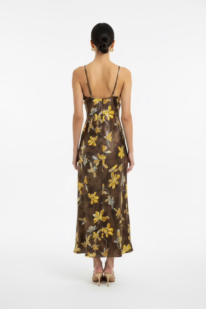 The Bloom Satin Slip Dress - Floral Draped Midi Dress - Resort Dress