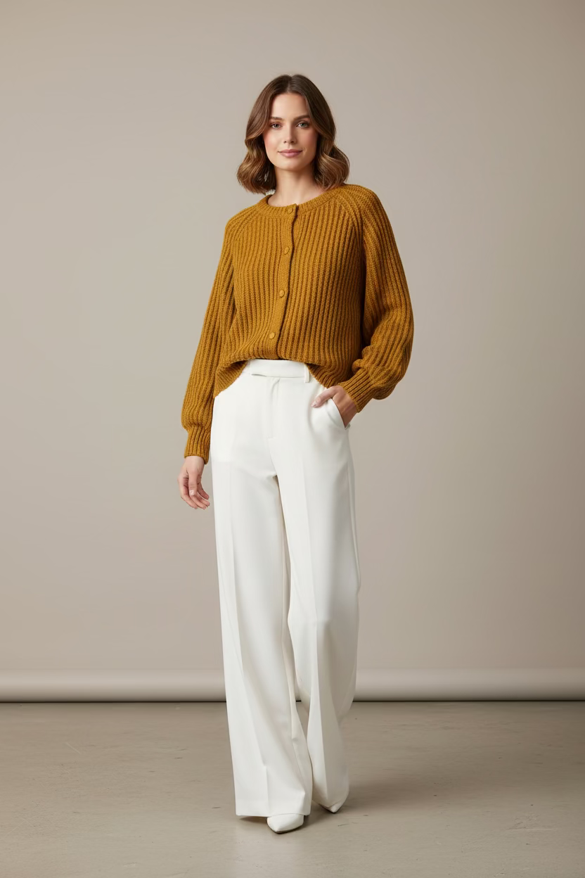 Chunky Mustard Rib Cardigan - Cozy Button Knit Sweater
