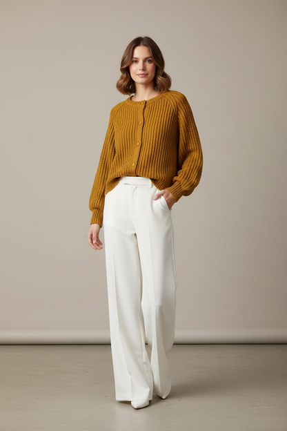 Chunky Mustard Rib Cardigan - Cozy Button Knit Sweater