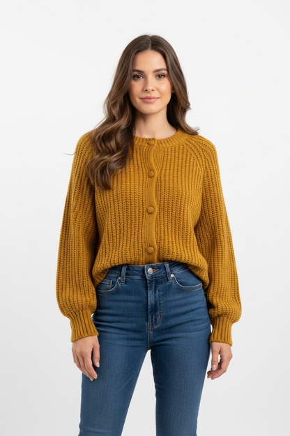 Chunky Mustard Rib Cardigan - Cozy Button Knit Sweater
