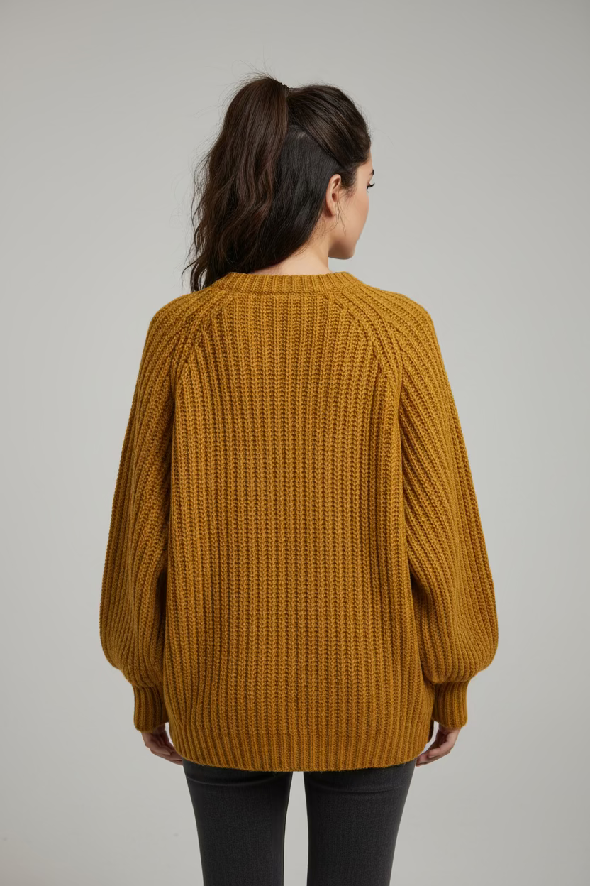 Chunky Mustard Rib Cardigan - Cozy Button Knit Sweater