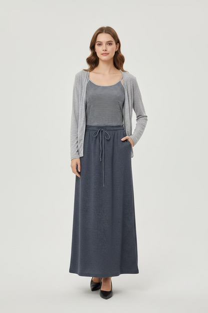 3-Piece Cardigan Set With Long Skirt - Striped Tank + Cardigan + Skirt