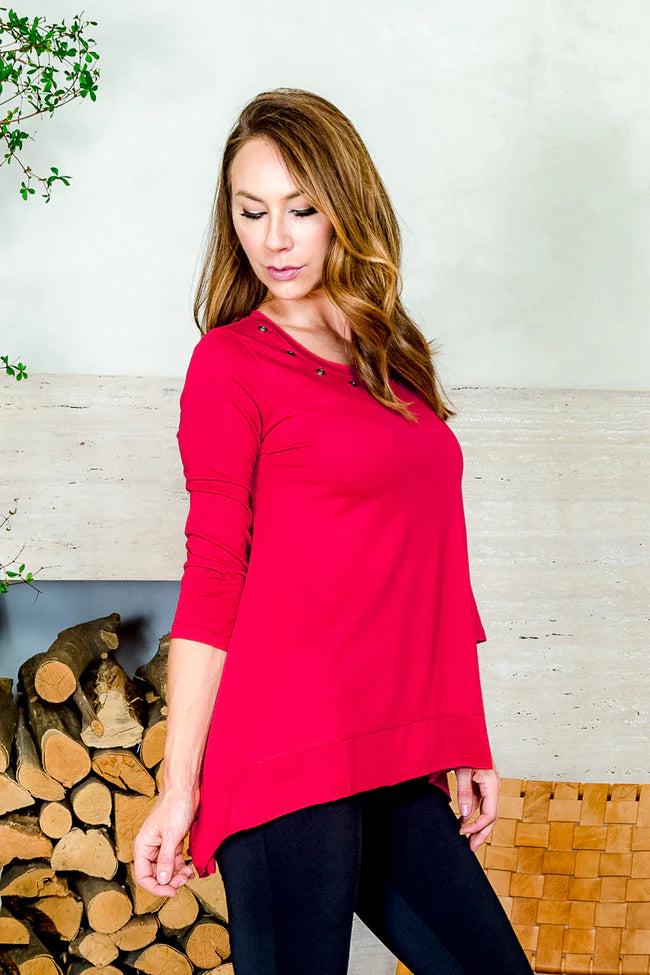 Long Sleeve Bronze Grommet Adorned Scoop Neck Pettitte Top with Handkerchief Hem in Red