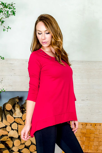 Long Sleeve Bronze Grommet Adorned Scoop Neck Pettitte Top with Handkerchief Hem in Red