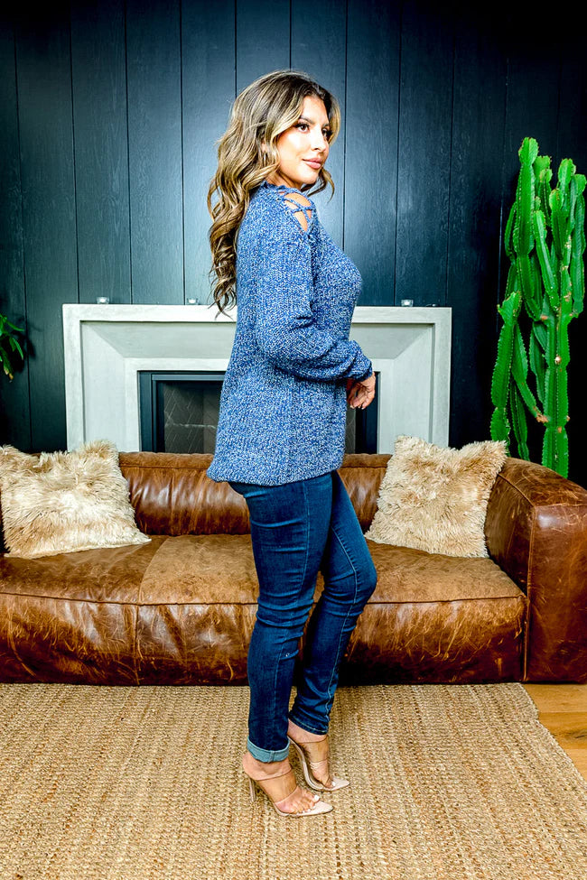 Long Sleeve Crew Neck Grommet & Lace Cold Shoulder Crochet Knit Sweater