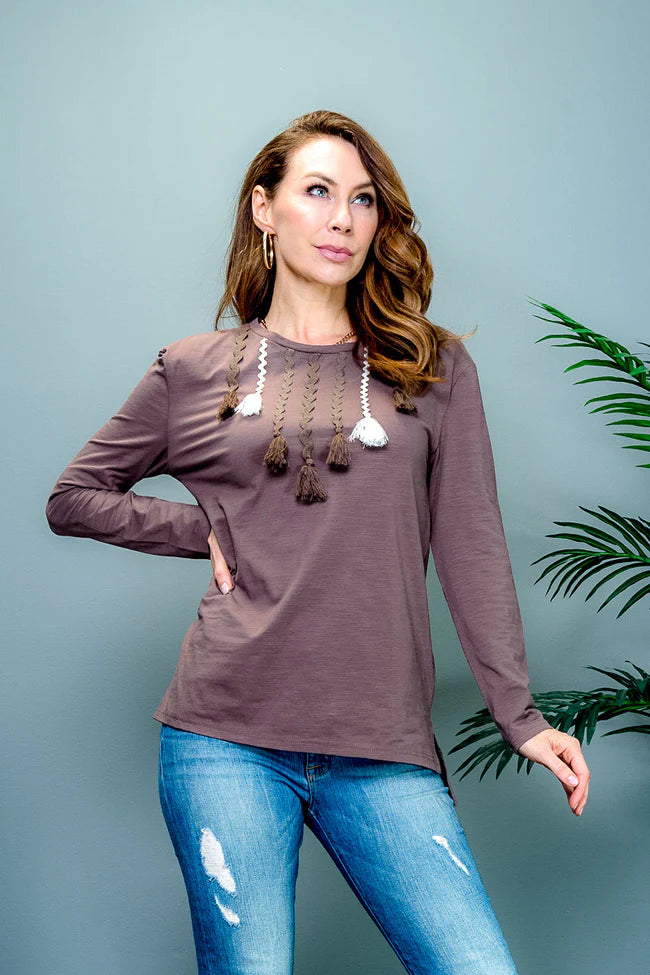Long Sleeve Crew Neck Tunic Top with Contrast Tassel Bib Decor