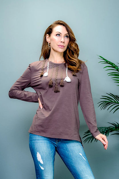 Long Sleeve Crew Neck Tunic Top with Contrast Tassel Bib Decor